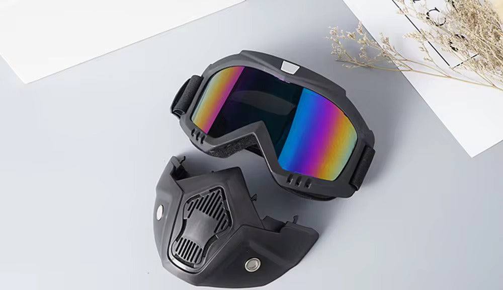 HIGH QUALITY Motorcycle Helmet Riding Goggles Glasses With Removable Face Mask [Blue Rainbow]